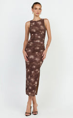 Loralie Midi Dress - Mesh High Neck Bodycon Dress in Chocolate Blurred Print