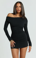 Zoe Mini Dress - Asymmetric Off Shoulder Fitted Sleeve Ruched Jersey Dress in Black