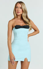 Adora Mini Dress - Strapless Bow Detail Split Dress in Blue & Black