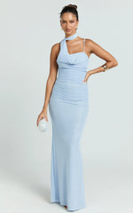 Larson Maxi Dress - Asymmetric Tie Neck Column Dress in Pale Blue