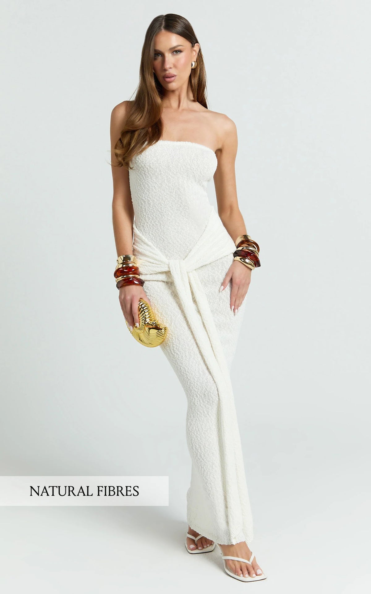 Ursula Maxi Dress - Strapless Tie Waist Boucle Knit Dress in Off White