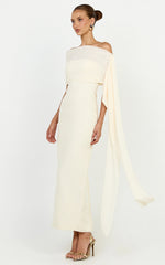 Elina Maxi Dress - Off Shoulder Contrast Mesh Draped Overlay Dress in Cream