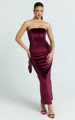 Cartia Midi Dress - Velvet Strapless Bodycon Dress in Wine