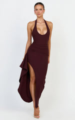 Lani Midi Dress - Scooped Neckline Draped Skirt Halter Dress in Dark Plum