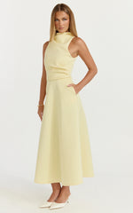 Macy Midi Dress - High Neck A Line Dress in Lemon