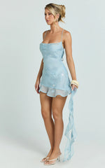 Nelly Mini Dress - Sequin Cowl Neck Spaghetti Draped Frilled Dress in Blue