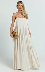 Yanna Midi Dress - Square Neckline Pleated Dress in Beige