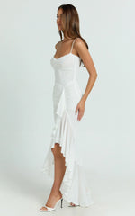 Brionna Maxi Dress - Lace Neck Ruched Ruffle Hem Dress in White