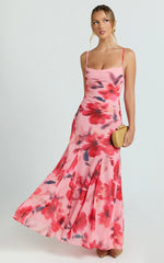 Claudia Maxi Dress - Floral Cowl Neck Godet Dress in Pink Floral