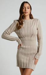 Ghamie Mini Dress - Knit Bodycon Long Sleeve Open Back Dress in Beige