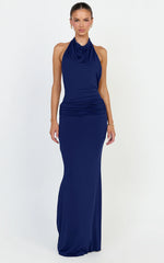 Lizzy Maxi Dress - Backless Ruched Bodycon Dress in Navy