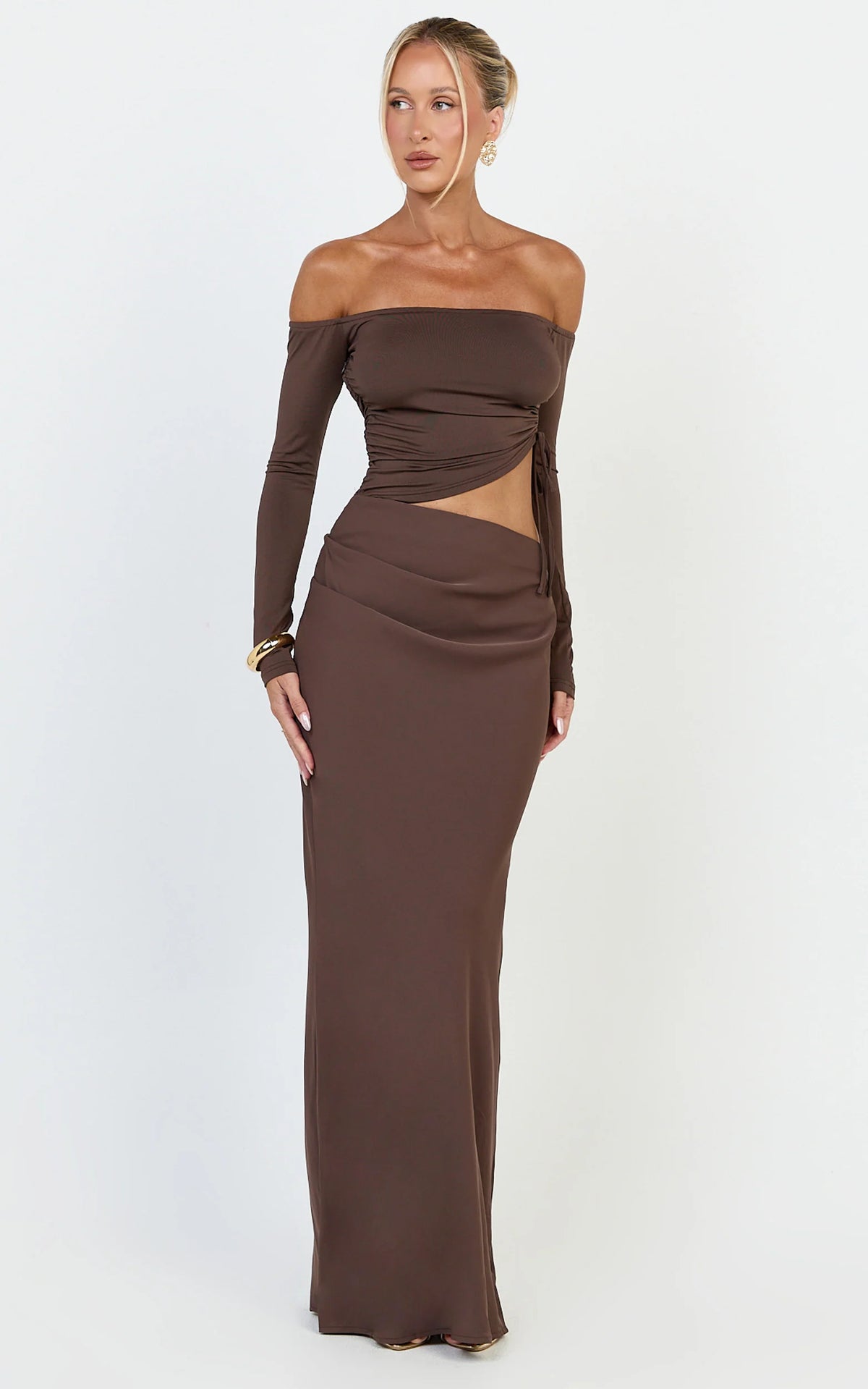 Tallulah Maxi Dress - Off Shoulder Long Sleeve Side Ruched Cut Out Dress in Chocolate