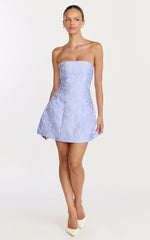 Rosalie Mini Dress - Strapless Jacquard Floral Mini Dress in Blue