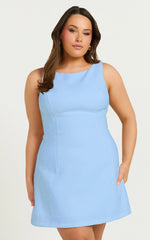 Freddie Mini Dress - Boat Neck Fit and Flare Dress in Blue