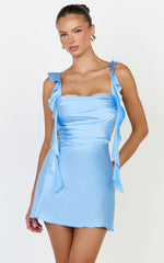 Belrose Mini Dress - Satin Square Neck Ruffle Front Bodycon Dress in Light Blue