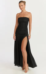 Lara Maxi Dress - Strapless Ruched Mesh High Leg Split Dress in Black