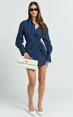 Sanya Mini Dress - Cinched Waist Stripe Dress in Navy Pinstripe