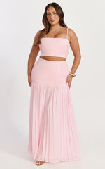 Rowan Two Piece Top and Skirt Set - Square Neck Crop Top and High Waist Pleated Maxi Skirt Set in Pink
