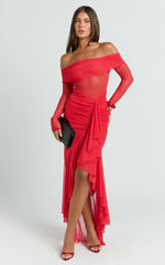 Noelle Maxi Dress - Off The Shoulder Gathered Waist Ruffle Dress in Red