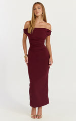Lena Midi Dress - Off Shoulder Ruched Bodycon Dress in Wine
