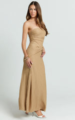 Santiago Midi Dress - Textured Jersey Strapless Twist Waist Dress in Beige