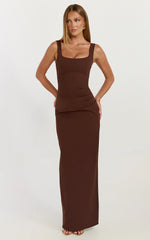 Stormi Maxi Dress - Balconette Bodice Side Split Dress in Chocolate