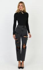 Billie Jeans - High Waisted Cotton Distressed Mom Denim Jeans in Black Wash