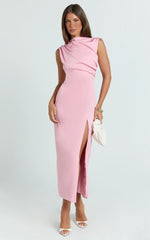 Veronnie Midi Dress - Tucked High Neck Sleeveless Fitted Leg Split Skirt Dress in Pink