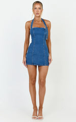 Peggy Mini Dress - Denim Buckle Halter Neck Fitted Dress in Dark Blue Wash