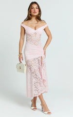 Tatum Midi Dress - Lace Off Shoulder Side Split Dress in Pink