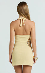 Solea Mini Dress - Knit Halter Neck Embroidered Sequin A Line Dress in Lemon