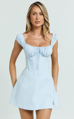 Charlotte Mini Dress - Cap Sleeve Fit And Flare Dress in Blue