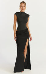 Grace Maxi Dress - Cap Sleeve Asymmetric Split Dress in Black