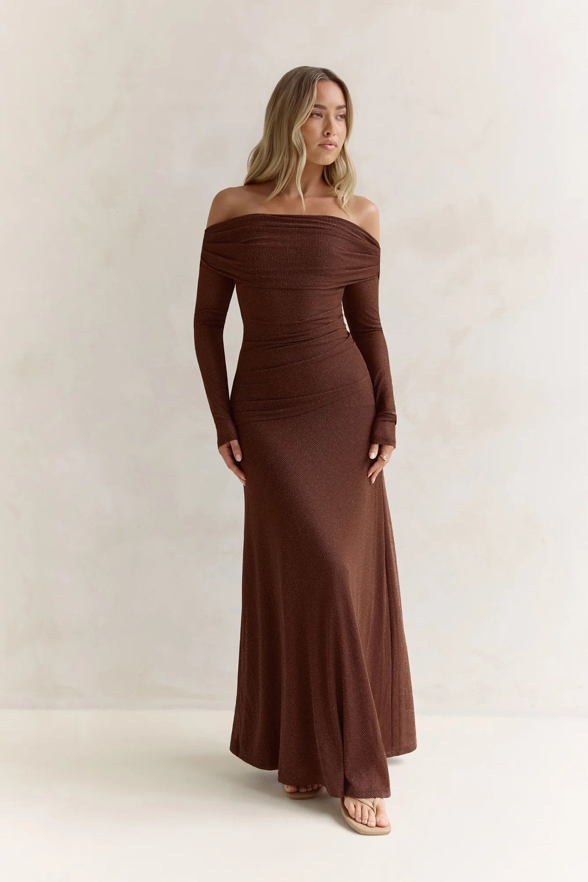 Carmelita Long Sleeve Off Shoulder Maxi Dress Brown
