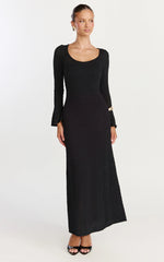 Michelle Maxi Dress - Scoop Neck Flute Sleeve Knit Maxi Dress in Black