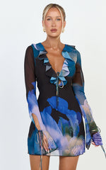 Solara Mini Dress - Long Sleeve Tie Front Dress in Midnight Resort Orchid Print