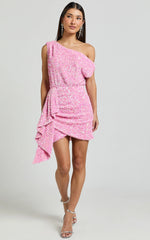 Tonya Mini Dress - Sequin Drape One Shoulder Dress in Pink