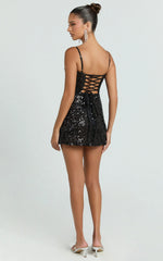 Holland Mini Dress - Sequin Sweetheart Neck Leg Split Dress in Black