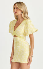 Diana Mini Dress - Jacquard Short Sleeve Cut Out Dress in Lemon