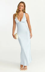 Khalani Maxi Dress - Deep V Neck Satin Slip Dress in Pale Blue