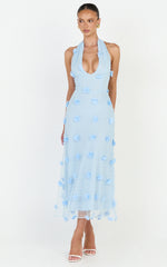 Azalea Midi Dress - Halter Neck 3D Floral Fit And Flare Dress in Blue