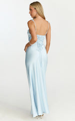 Rumi Maxi Dress - Ruched Bodice Satin Dress in Pale Blue