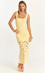 Sabrina Midi Dress - Scoop Neck Laser Cut Dress in Lemon