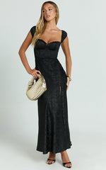 Vance Midi Dress - Ruched Cap Sleeve Bustier Bias Cut Dress in Black