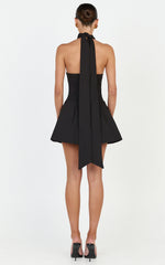 Helia Mini Dress - High Halter Neck Scarf Detail A Line Dress in Black