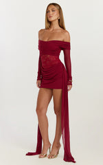 Vesper Mini Dress - Contrast Lace Bodice Long Sleeve Dress in Wine