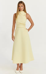 Macy Midi Dress - High Neck A Line Dress in Lemon