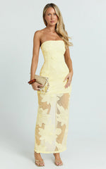 Sienna Midi Dress - Strapless Floral Embroidered Bodycon Dress in Lemon