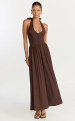 Everly Midi Dress - Tie Halter Neck Button Down Bodice Fit And Flare Dress in Chocolate