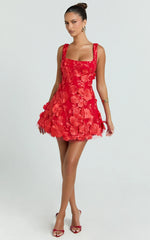 Sienna Mini Dress - 3D Floral Fit And Flare Dress in Red